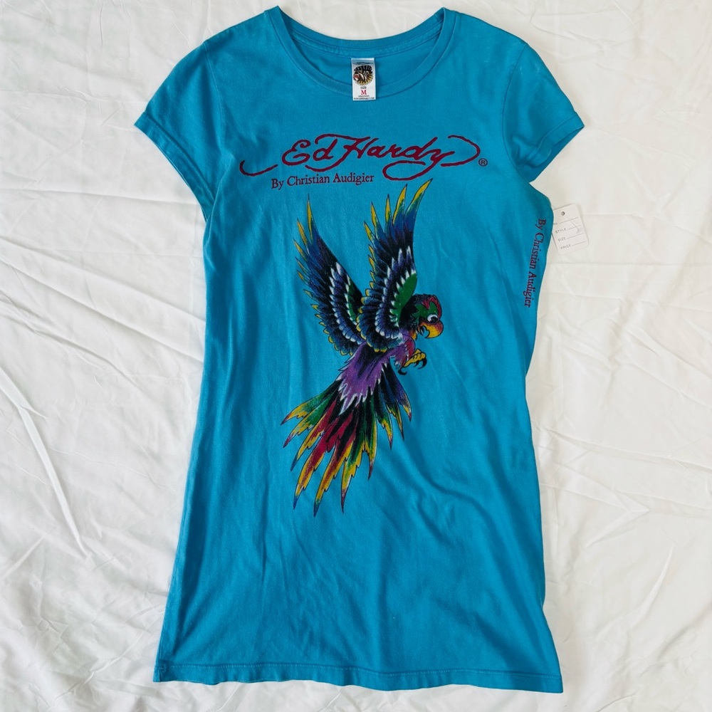 Ed Hardy Turquoise Parrot Graphic Tee